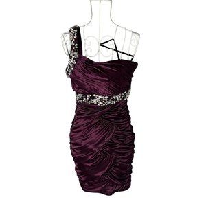 City Triangles Jeweled  Ruched Asymmetrical One-Shoulder Dress Sz Small As Is